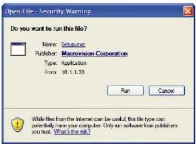 Open File - Security Warning Do you want to run this file? Name: Setup.exe Publisher: Macrovision Corporation Type: Application From: 10.1.1.20 Run Cancel While files from the Internet can be useful, this file type can potentially harm your computer. Only run software from publishers you trust. What's the risk?