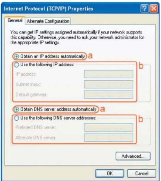 Internet Protocol (TCP/IP) Properties General Alternate Configuration You can get IP settings assigned automatically if your network supports this capability. Otherwise, you need to ask your network administrator for the appropriate IP settings. Obtain an IP address automatically a Use the following IP address: IP address: Subnet mask: Default gateway. Obtain DNS server address automatically a Use the following DNS server addresses: Preferred DNS server: Alternate DNS server. Advanced... OK Cancel