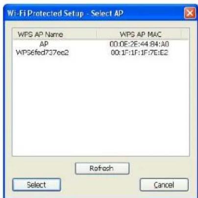 Wi-Fi Protected Setup - Select AP WPS AP Name WPS AP MAC AP 00:0E:2E:44:84:A0 WPS6fed737ee2 00:1F:1F:1F:7E:E2 Refresh Cancel Select