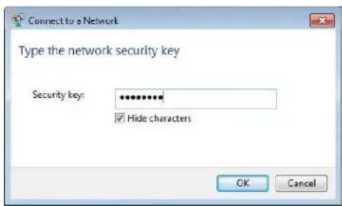 Connect to a Network Type the network security key Security key: Hide characters OK Cancel