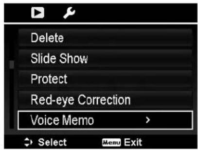 Delete Slide Show Protect Red-eye Correction Voice Memo > Select Menu Exit