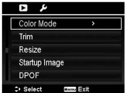 Color Mode Trim Resize Startup Image DPOF Select Menu Exit