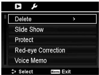 Delete Slide Show Protect Red-eye Correction Voice Memo Select Menu Exit