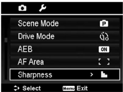 Scene Mode Drive Mode AEB AF Area Sharpness Select Menu Exit
