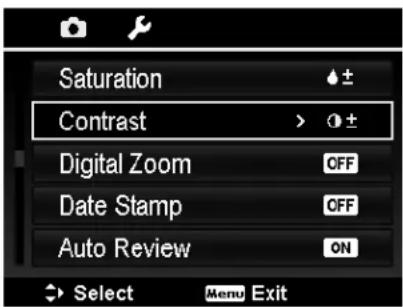 Saturation Contrast Digital Zoom Date Stamp Auto Review Select Menu Exit