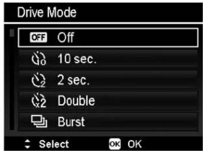 Drive Mode OFF Off 10 sec. 2 sec. Double Burst Select OK OK