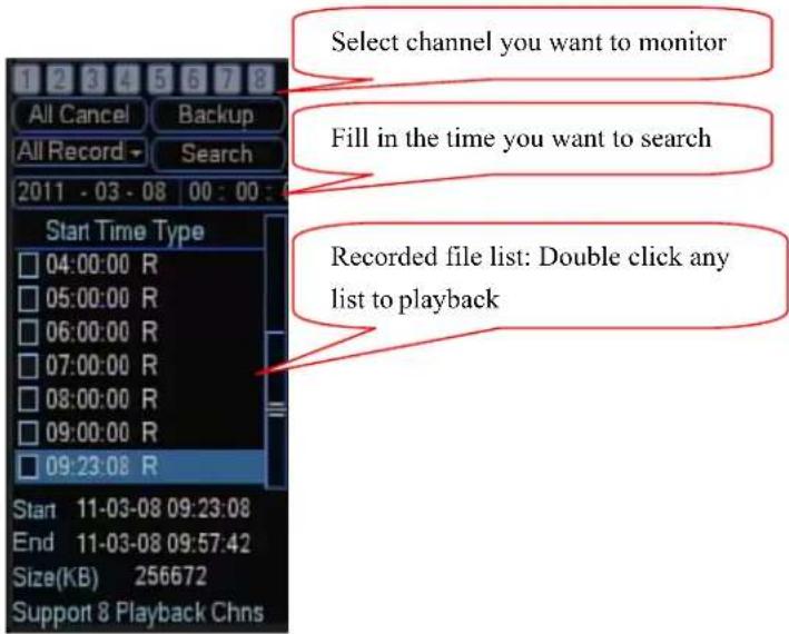Select channel you want to monitor Fill in the time you want to search Recorded file list: Double click any list to playback Start Time Type 04:00:00 R 05:00:00 R 06:00:00 R 07:00:00 R 08:00:00 R 09:00:00 R 09:23:08 R Start 11-03-08 09:23:08 End 11-03-08 09:57:42 Size(KB) 256672 Support 8 Playback Chns