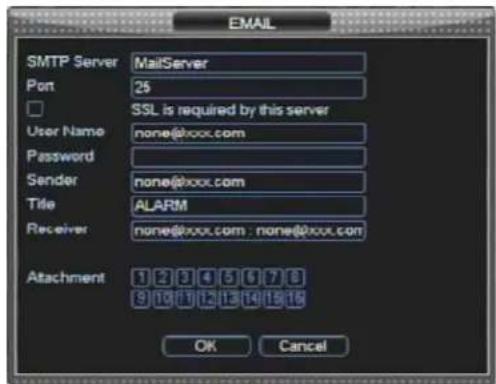 EMAIL SMTP Server MailServer Port 25 SSL is required by this server User Name none@xxx.com Password Sender none@xxx.com Title ALARM Receiver none@xxx.com : none@xxx.com Attachment 3 2 3 4 5 6 7 8 9 10 11 12 13 14 15 16 OK Cancel