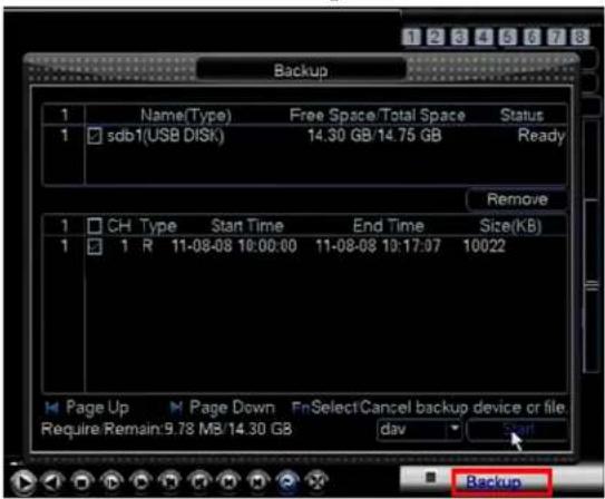 Backup 1 Name(Type) Free Space/Total Space Status 1 sdb1(USB DISK) 14.30 GB/14.75 GB Ready Remove 1 CH Type Start Time End Time Size(KB) 1 1 R 11-08-08 10:00:00 11-08-08 19:17:07 10022 Page Up Page Down FnSelect/Cancel backup device or file Require Remain:9.78 MB/14.30 GB dav Shift Backup