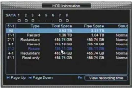 HDD Information SATA 1 2 3 4 5 6 7 8 O O O - - - O O 5'-1 Type Total Space Free Space Status All - 3.63 TB 3.31 TB 1'-1 Record 1.36 TB 1.04 TB Norma 2'-1 Redundant 465.74 GB 465.74 GB Norma 3'-1 Record 745.18 GB 745.18 GB Norma 4'-1 Picture 195.11 GB 195.11 GB Norma 5'-1 Redundant 465.74 GB 465.74 GB Norma Read only 465.74 GB 465.74 GB Norma Page Up Page Down Fn View recording time