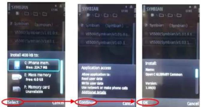 SYMBIAN Symbian (symbian) V5500(symbian)/1.01.0.1 V5500(symbian)/1.01.1 Install 400 kB to: C: Phone mem. Free: 224.7 MB E: Mass memory Free: 9.0 GB F: Memory card Unavailable Application access Allow application to: Read user data Write user data Use network or make phone calls Additional details Select Cancel Continue Cancel OK SYMBIAN Symbian (symbian) V5500(symbian)/1.01.0.1 V5500(symbian)/1.01.1 Install: Name: Open C LIBRARY Common Version: 1.00(0)