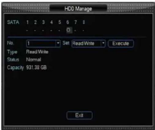 HDD Manage SATA 1 2 3 4 5 6 7 8 No. 1 Set Read Write Execute Type Read/Write Status Normal Capacity 931.38 GB Exit