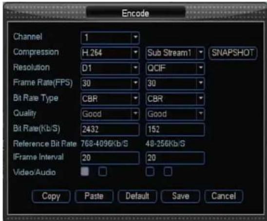 Encode Channel 1 Compression H.264 Sub Stream1 SNAPSHOT Resolution D1 QCIF Frame Rate(FPS) 30 30 Bit Rate Type CBR CBR Quality Good Good Bit Rate(Kb/S) 2432 152 Reference Bit Rate 768-4096Kb/S 48-256Kb/S IFrame Interval 20 20 Video/Audio Copy Paste Default Save Cancel