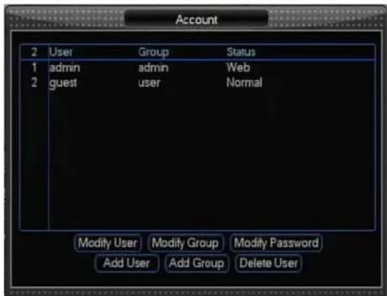 Account 2 User Group Status 1 admin admin Web 2 guest user Normal Modify User Modify Group Modify Password Add User Add Group Delete User