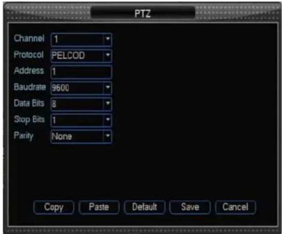 PTZ Channel 1 Protocol PELCOD Address 1 Baudrate 9600 Data Bits 8 Stop Bits 1 Parity None Copy Paste Default Save Cancel