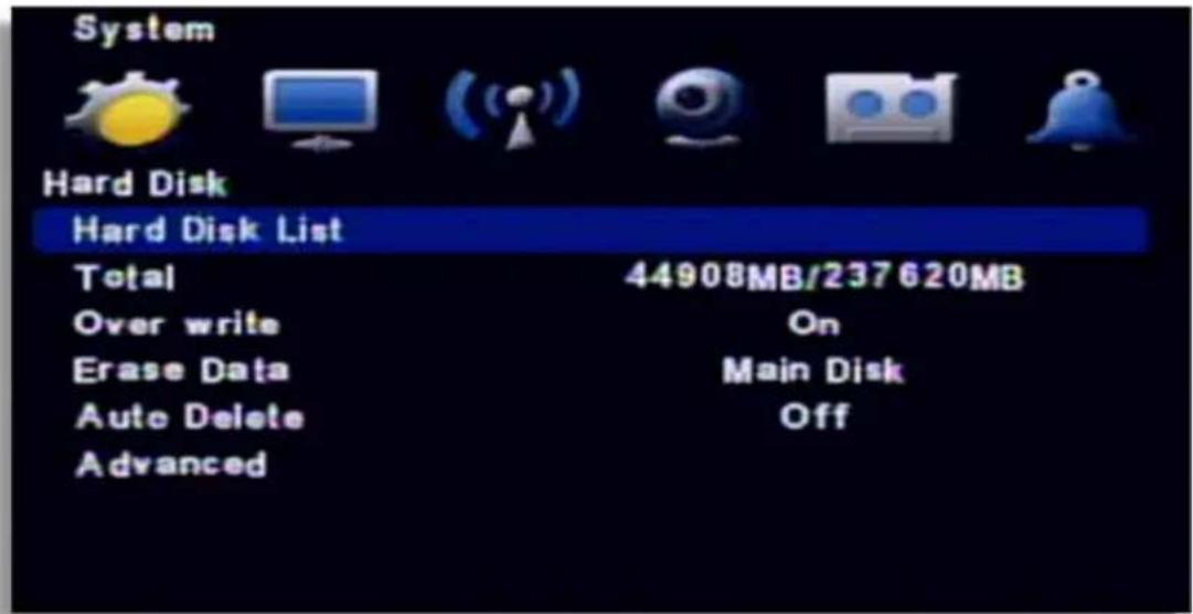 System Hard Disk Hard Disk List Total 44908MB/237620MB Over write On Erase Data Main Disk Auto Delete Off Advanced