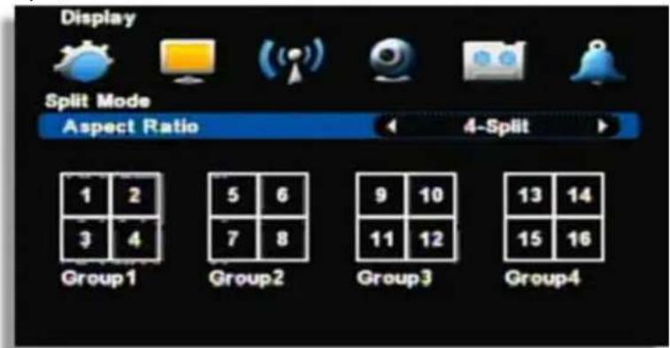 Display Split Mode Aspect Ratio 4-Split 1 2 3 4 Group 1 Group 2 Group 3 Group 4 5 6 7 8 9 10 11 12 13 14 15 16