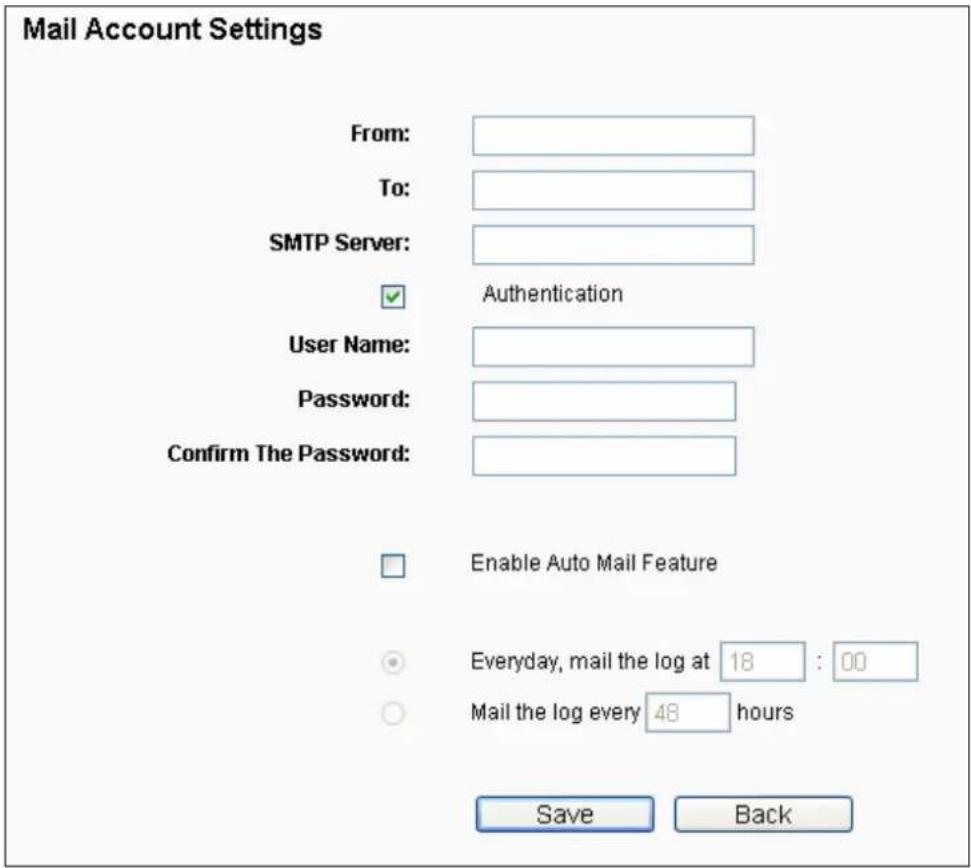 Mail Account Settings From: To: SMTP Server: Authentication User Name: Password: Confirm The Password: Enable Auto Mail Feature Everyday, mail the log at 18 : 00 Mail the log every 48 hours Save Back