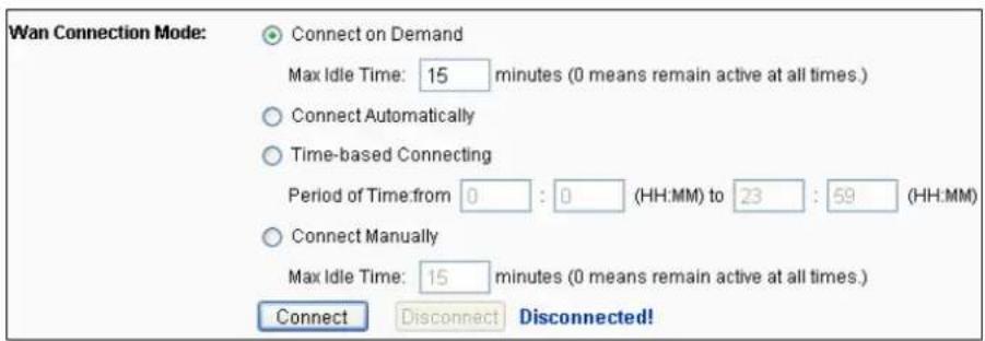 Wan Connection Mode: Connect on Demand Max Idle Time: 15 minutes (0 means remain active at all times.) Connect Automatically Time-based Connecting Period of Time:from 0 : 0 (HH:MM) to 23 : 59 (HH:MM) Connect Manually Max Idle Time: 15 minutes (0 means remain active at all times.) Connect Disconnect Disconnected!