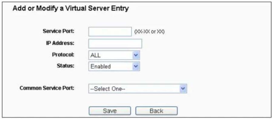 Add or Modify a Virtual Server Entry Service Port: (XX-XX or XX) IP Address: Protocol: ALL Status: Enabled Common Service Port: --Select One-- Save Back