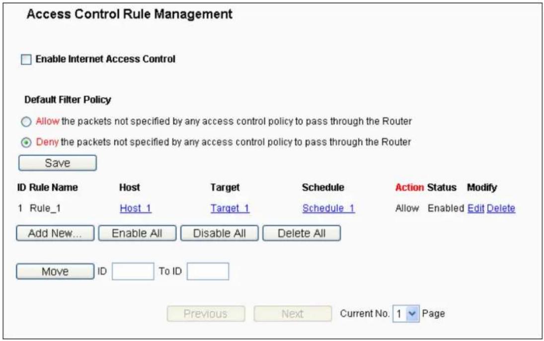 Access Control Rule Management Enable Internet Access Control Default Filter Policy Allow the packets not specified by any access control policy to pass through the Router Deny the packets not specified by any access control policy to pass through the Router Save ID Rule Name Host Target Schedule Action Status Modify 1 Rule_1 Host 1 Target 1 Schedule 1 Allow Enabled Edit Delete Add New... Enable All Disable All Delete All Move ID To ID Previous Next Current No. 1 Page
