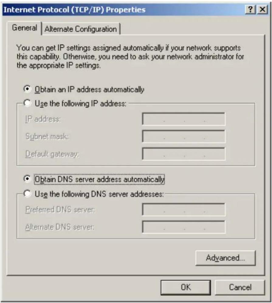 Internet Protocol (TCP/IP) Properties General | Alternate Configuration | You can get IP settings assigned automatically if your network supports this capability. Otherwise, you need to ask your network administrator for the appropriate IP settings. Obtain an IP address automatically Use the following IP address: IP address: .... Subnet mask: .... Default gateway: .... Obtain DNS server address automatically Use the following DNS server addresses: Preferred DNS server: .... Alternate DNS server: .... Advanced... OK Cancel