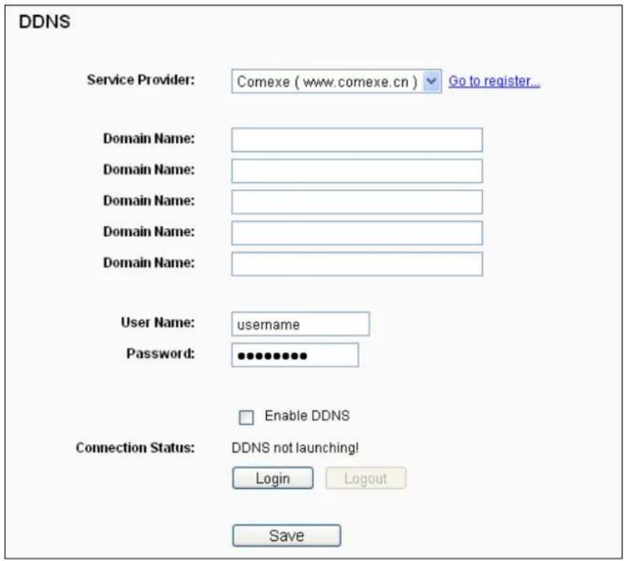DDNS Service Provider: Comexe ( www.comexe.cn ) Go to register... Domain Name: Domain Name: Domain Name: Domain Name: Domain Name: User Name: username Password: ••••••••• Enable DDNS Connection Status: DDNS not launching! Login Logout Save
