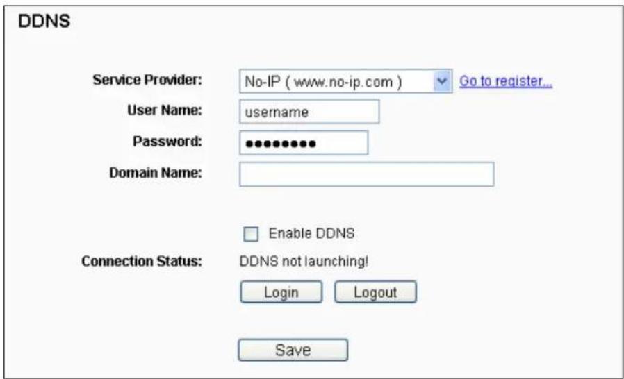 DDNS Service Provider: No-IP ( www.no-ip.com ) Go to register... User Name: username Password: ••••••••• Domain Name: Enable DDNS Connection Status: DDNS not launching! Login Logout Save