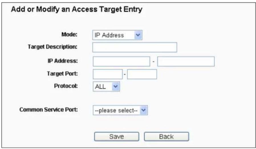 Add or Modify an Access Target Entry Mode: IP Address Target Description: IP Address: - Target Port: - Protocol: ALL Common Service Port: --please select-- Save Back