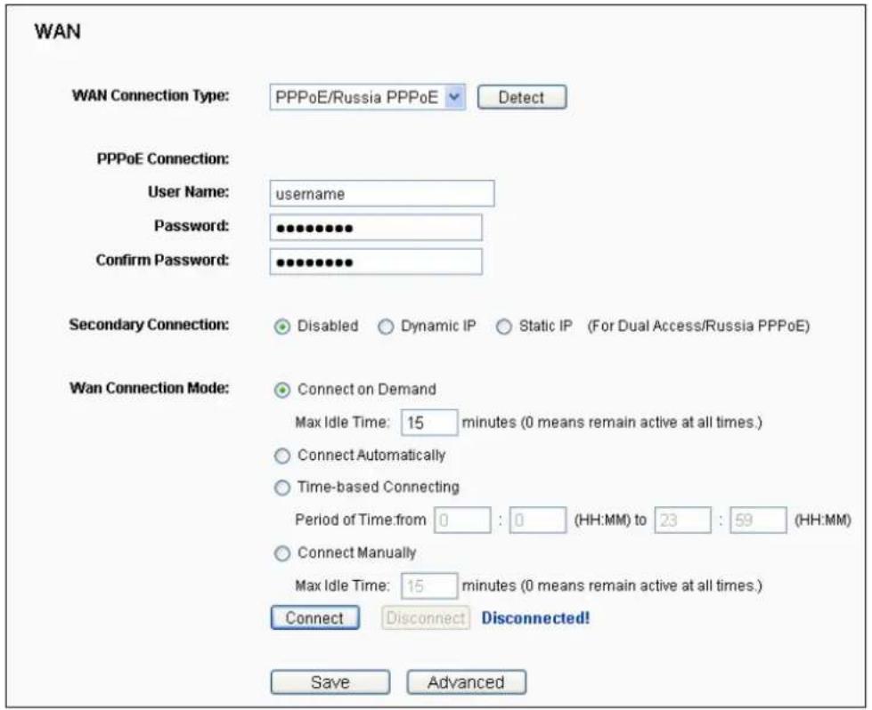 WAN WAN Connection Type: PPPoE/Russia PPPoE Detect PPPoE Connection: User Name: username Password: •••••••••• Confirm Password: •••••••••• Secondary Connection: Disabled Dynamic IP Static IP (For Dual Access/Russia PPPoE) Wan Connection Mode: Connect on Demand Max Idle Time: 15 minutes (0 means remain active at all times.) Connect Automatically Time-based Connecting Period of Time: from 0 : 0 (HH:MM) to 23 : 59 (HH:MM) Connect Manually Max Idle Time: 15 minutes (0 means remain active at all times.) Connect Disconnect Disconnected! Save Advanced