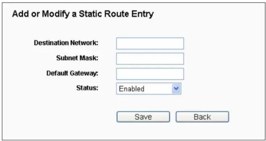 Add or Modify a Static Route Entry Destination Network: Subnet Mask: Default Gateway: Status: Enabled Save Back