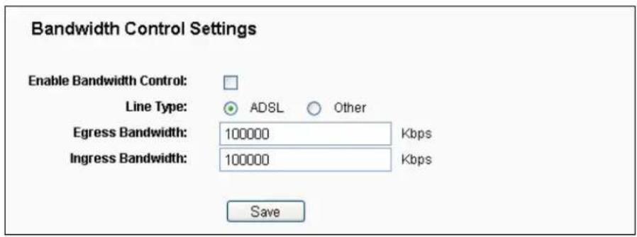 Bandwidth Control Settings Enable Bandwidth Control: Line Type: ADSL Other Egress Bandwidth: 100000 Kbps Ingress Bandwidth: 100000 Kbps Save