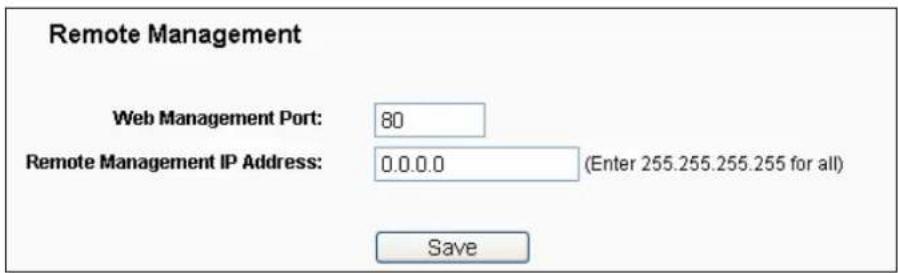 Remote Management Web Management Port: 80 Remote Management IP Address: 0.0.0.0 (Enter 255.255.255.255 for all) Save