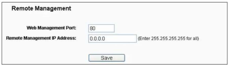 Remote Management Web Management Port: 80 Remote Management IP Address: 0.0.0.0 (Enter 255.255.255.255 for all) Save