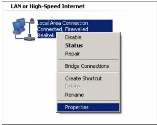 LAN or High-Speed Internet Local Area Connection Connected, Firewalled Realtek Disable Status Repair Bridge Connections Create Shortcut Delete Rename Properties