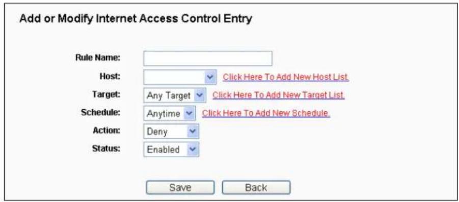 Add or Modify Internet Access Control Entry Rule Name: Host: Click Here To Add New Host List Target: Any Target Click Here To Add New Target List Schedule: Anytime Click Here To Add New Schedule. Action: Deny Status: Enabled Save Back