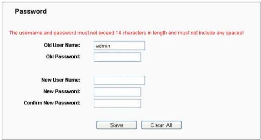Password The username and password must not exceed 14 characters in length and must not include any spaces! Old User Name: admin Old Password: New User Name: New Password: Confirm New Password: Save Clear All