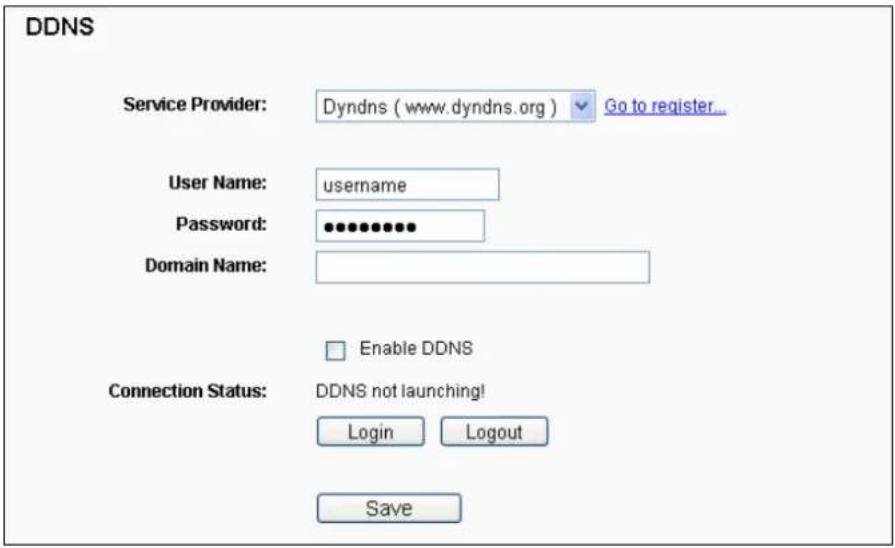 DDNS Service Provider: Dyndns ( www.dyndns.org ) Go to register... User Name: username Password: ••••••••• Domain Name: Enable DDNS Connection Status: DDNS not launching! Login Logout Save
