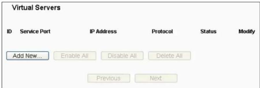 Virtual Servers ID Service Port IP Address Protocol Status Modify Add New... Enable All Disable All Delete All Previous Next