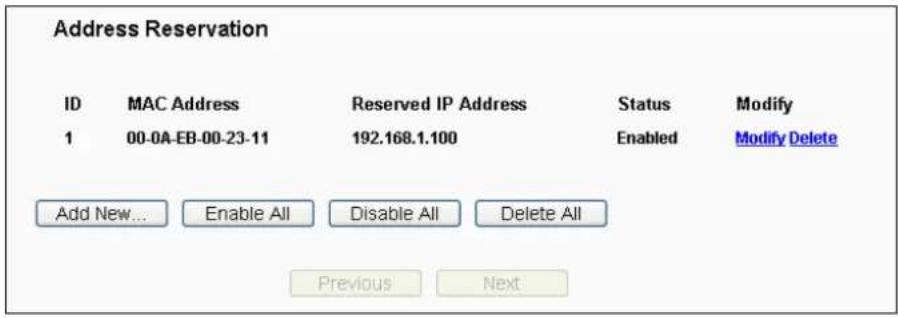 Address Reservation ID MAC Address Reserved IP Address Status Modify 1 00-0A-EB-00-23-11 192.168.1.100 Enabled Modify Delete Add New... Enable All Disable All Delete All Previous Next