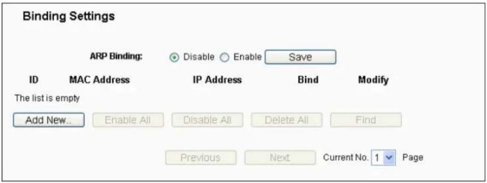 Binding Settings ARP Binding: Disable Enable Save ID MAC Address IP Address Bind Modify The list is empty Add New.. Enable All Disable All Delete All Find Previous Next Current No. 1 Page