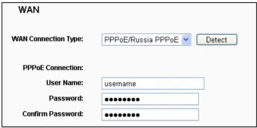 WAN WAN Connection Type: PPPoE/Russia PPPoE Detect PPPoE Connection: User Name: username Password: ••••••••••• Confirm Password: ••••••••••••