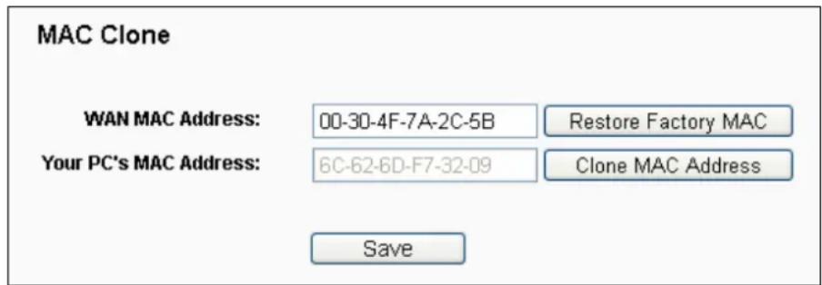 MAC Clone WAN MAC Address: 00-30-4F-7A-2C-5B Restore Factory MAC Your PC's MAC Address: 6C-62-6D-F7-32-09 Clone MAC Address Save