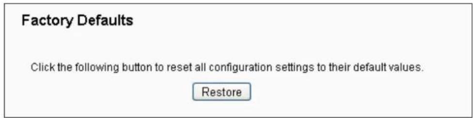 Factory Defaults Click the following button to reset all configuration settings to their default values. Restore