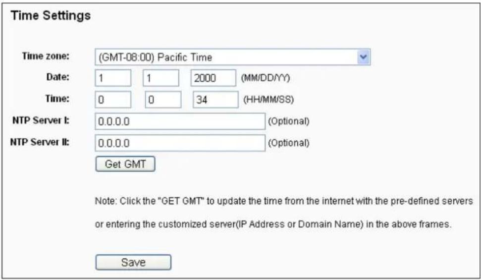 Time Settings Time zone: (GMT-08:00) Pacific Time Date: 1 1 2000 (MM/DD/YY) Time: 0 0 34 (HH/MM/SS) NTP Server I: 0.0.0.0 (Optional) NTP Server II: 0.0.0.0 (Optional) Get GMT Note: Click the "GET GMT" to update the time from the internet with the pre-defined servers or entering the customized server(IP Address or Domain Name) in the above frames. Save