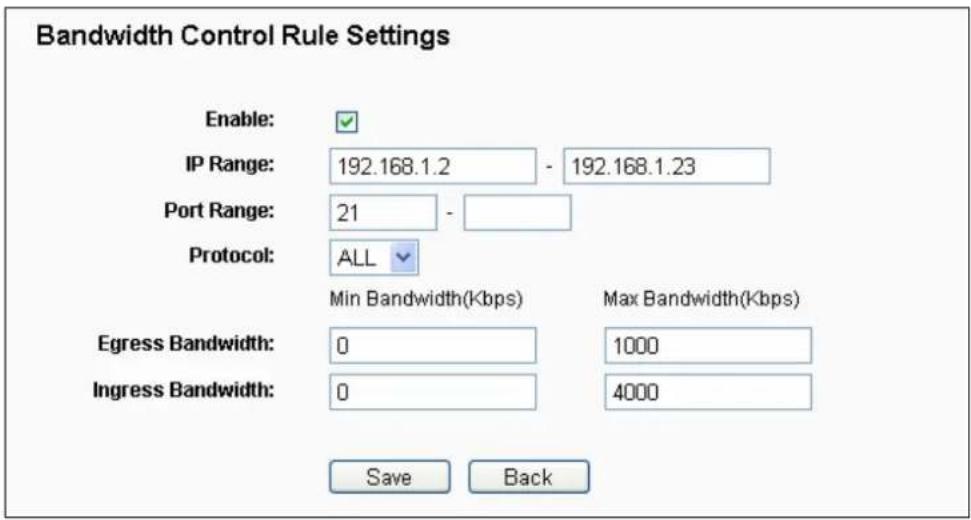 Bandwidth Control Rule Settings Enable: IP Range: 192.168.1.2 - 192.168.1.23 Port Range: 21 - Protocol: ALL Min Bandwidth(Kbps) Max Bandwidth(Kbps) Egress Bandwidth: 0 1000 Ingress Bandwidth: 0 4000 Save Back