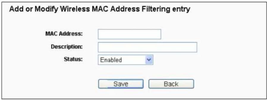 Add or Modify Wireless MAC Address Filtering entry MAC Address: Description: Status: Enabled Save Back