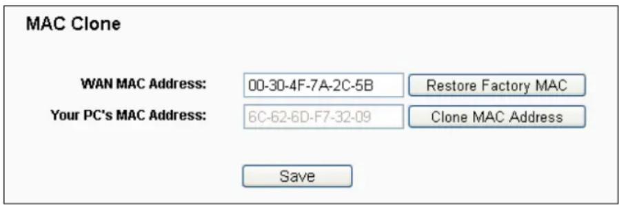 MAC Clone WAN MAC Address: 00-30-4F-7A-2C-5B Restore Factory MAC Your PC's MAC Address: 6C-62-6D-F7-32-09 Clone MAC Address Save