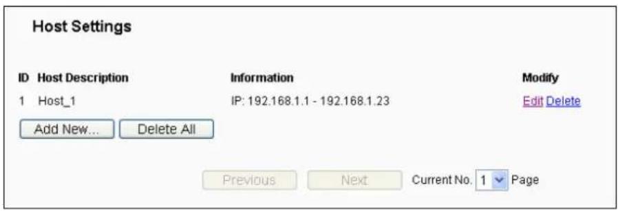 Host Settings ID Host Description Information Modify 1 Host_1 IP: 192.168.1.1 - 192.168.1.23 Edit Delete Add New... Delete All Previous Next Current No. 1 Page