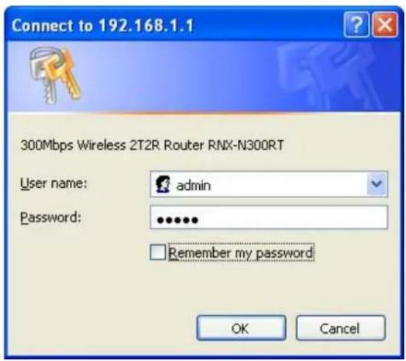 Connect to 192.168.1.1 300Mbps Wireless 2T2R Router RNX-N300RT User name: admin Password: •••••• Remember my password OK Cancel